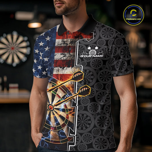Custom Grunge US Flag Lightning Dartboard Patriotic Dart Team Men Polo Shirt Dart Jerseys IPHW10387