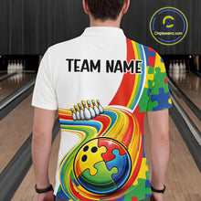 Load image into Gallery viewer, Male model in a bowling alley wearing a polo shirt, back view showcasing colorful autism-themed bowling lane artwork with vibrant puzzle-inspired graphics