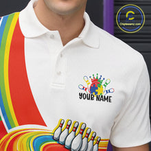 Load image into Gallery viewer, Close-up left chest detail of bowling polo shirt featuring colorful autism bowling lane motif with bright puzzle accents and clean embroidery style