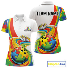 Load image into Gallery viewer, Women’s polo shirt mockup front and back displaying autism bowling lane themed artwork with vibrant puzzle-inspired accents