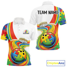 Load image into Gallery viewer, Men’s bowling polo shirt mockup front and back featuring colorful autism bowling lane design with puzzle-inspired artwork