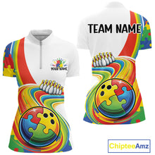 Load image into Gallery viewer, Front and back view of a women’s quarter-zip bowling shirt mockup featuring colorful autism-themed bowling lane illustration with puzzle motifs.