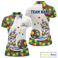 Load image into Gallery viewer, Women’s polo shirt mockup front and back featuring colorful autism bowling strike theme with puzzle-inspired graphics on white fabric
