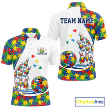 Load image into Gallery viewer, Men’s bowling polo shirt mockup front and back featuring colorful autism bowling strike theme with puzzle-inspired artwork on white shirt