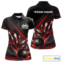 Load image into Gallery viewer, Women’s polo shirt mockup front and back showing red flame bowling ball striking pins with abstract geometric stripe details on black