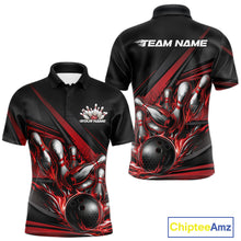 Load image into Gallery viewer, Men’s bowling polo shirt mockup front and back featuring red flame bowling ball striking pins with abstract geometric stripes on black shirt