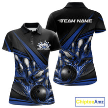 Load image into Gallery viewer, Women’s polo shirt mockup front and back featuring blue flame bowling ball striking pins with geometric stripe accents on black fabric