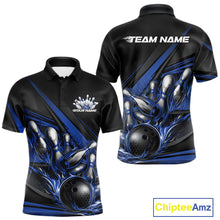Load image into Gallery viewer, Men’s bowling polo shirt mockup front and back showing blue flame bowling ball striking pins with abstract geometric stripes on black fabric