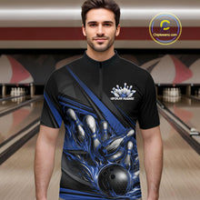 Load image into Gallery viewer, Male model in a bowling lane wearing a black quarter-zip shirt, blue flame bowling ball hitting pins with dynamic geometric stripe visuals.