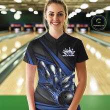 Load image into Gallery viewer, Female model in a bowling lane wearing a black quarter-zip shirt, blue flame bowling ball hitting pins with dynamic stripe-inspired graphics.