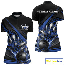Load image into Gallery viewer, Front and back view of a women’s quarter-zip bowling shirt mockup in black, featuring blue flame bowling ball striking pins with abstract geometric stripes.