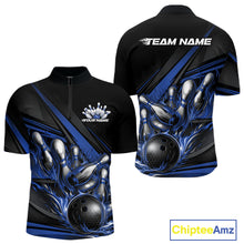 Load image into Gallery viewer, Front and back view of a men’s quarter-zip bowling shirt mockup in black, featuring blue flame bowling ball striking pins with abstract stripe design.