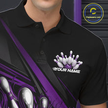 Load image into Gallery viewer, Close-up left chest detail of black bowling polo shirt featuring purple flame bowling ball and pins emblem with geometric design