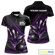 Load image into Gallery viewer, Women’s polo shirt mockup front and back displaying purple flame bowling ball striking pins with abstract geometric stripe details on black