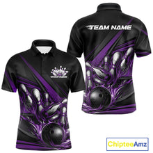 Load image into Gallery viewer, Men’s bowling polo shirt mockup front and back showcasing purple flame bowling ball striking pins with abstract geometric stripe design on black shirt