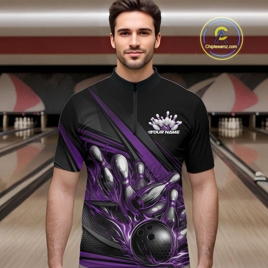 Male model in a bowling lane wearing a black quarter-zip shirt, purple flame bowling ball hitting pins with energetic stripe-inspired design.