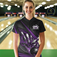 Load image into Gallery viewer, Female model in a bowling lane wearing a black quarter-zip shirt, purple flame bowling ball hitting pins with modern abstract stripe graphics.