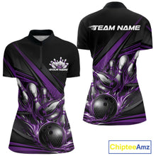 Load image into Gallery viewer, Front and back view of a women’s quarter-zip bowling shirt mockup in black, featuring purple flame bowling ball striking pins with geometric stripe accents.