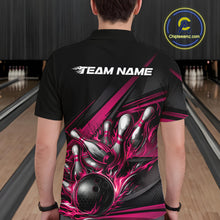 Load image into Gallery viewer, Male model at a bowling lane, back view of black polo shirt showcasing hot pink flame bowling ball and pins with abstract stripe artwork