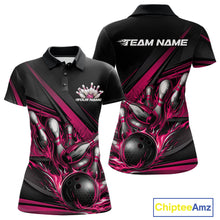 Load image into Gallery viewer, Women’s polo shirt mockup front and back showing hot pink flame bowling ball striking pins with abstract geometric stripe accents on black fabric