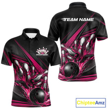 Load image into Gallery viewer, Men’s bowling polo shirt mockup front and back showing hot pink flame bowling ball striking pins with abstract geometric stripes on black shirt