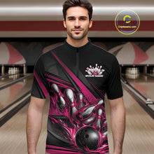 Load image into Gallery viewer, Male model in a bowling lane wearing a black quarter-zip shirt, hot pink flame bowling ball hitting pins with dynamic abstract stripe graphics.