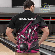 Load image into Gallery viewer, Male model in a bowling lane wearing a black quarter-zip shirt, vibrant hot pink flame bowling strike illustration with geometric accents.