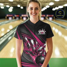 Load image into Gallery viewer, Female model in a bowling lane wearing a black quarter-zip shirt, hot pink flame bowling ball hitting pins with bold geometric stripe styling.