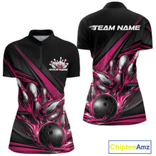 Load image into Gallery viewer, Front and back view of a women’s quarter-zip bowling shirt mockup in black, featuring hot pink flame bowling ball striking pins with abstract geometric stripes.