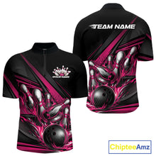 Load image into Gallery viewer, Front and back view of a men’s quarter-zip bowling shirt mockup in black, featuring hot pink flame bowling ball striking pins with geometric stripe patterns.