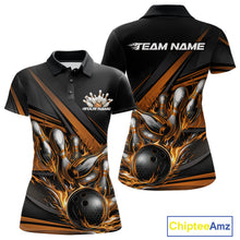 Load image into Gallery viewer, Women’s polo shirt mockup front and back featuring gold flame bowling ball striking pins with abstract geometric stripe design on black