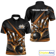 Load image into Gallery viewer, Men’s bowling polo shirt mockup front and back displaying gold flame bowling ball striking pins with abstract geometric stripes on black fabric