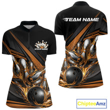 Load image into Gallery viewer, Front and back view of a women’s quarter-zip bowling shirt mockup in black, featuring gold flame bowling ball striking pins with geometric stripe pattern.