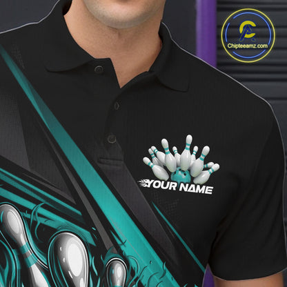 Close-up left chest detail of black bowling polo shirt showcasing turquoise flame bowling ball and pins emblem with geometric accents
