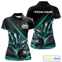 Load image into Gallery viewer, Women’s polo shirt mockup front and back showcasing turquoise flame bowling ball striking pins with abstract geometric stripe accents on black
