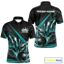 Load image into Gallery viewer, Men’s bowling polo shirt mockup front and back featuring turquoise flame bowling ball striking pins with abstract geometric stripes on black shirt