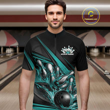 Load image into Gallery viewer, Male model in a bowling lane wearing a black quarter-zip shirt, turquoise flame bowling ball striking pins with modern geometric stripe design.