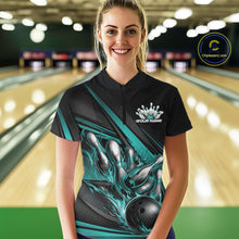 Load image into Gallery viewer, Female model in a bowling lane wearing a black quarter-zip shirt, turquoise flame bowling ball hitting pins with modern geometric stripe design.