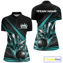 Load image into Gallery viewer, Front and back view of a women’s quarter-zip bowling shirt mockup in black, featuring turquoise flame bowling ball striking pins with abstract geometric stripe accents.