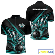 Load image into Gallery viewer, Front and back view of a men’s quarter-zip bowling shirt mockup in black, featuring turquoise flame bowling ball and pins with abstract geometric stripes.