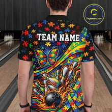 Load image into Gallery viewer, Male model at a bowling lane, back view of colorful polo shirt showcasing autism awareness ribbon, butterfly, and flame bowling graphics