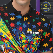 Load image into Gallery viewer, Close-up left chest detail of colorful bowling polo shirt featuring autism ribbon, butterfly, and flame bowling emblem artwork