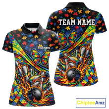 Load image into Gallery viewer, Women’s polo shirt mockup front and back displaying autism awareness ribbon, butterfly, and flame bowling graphics in vibrant multicolor tones