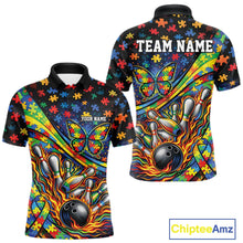 Load image into Gallery viewer, Men’s bowling polo shirt mockup front and back displaying colorful autism awareness ribbon, butterfly, and flame bowling artwork