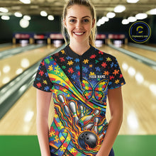 Load image into Gallery viewer, Female model in a bowling lane wearing a colorful quarter-zip shirt, autism awareness bowling ribbon and butterfly with flame bowling accents.