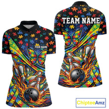 Load image into Gallery viewer, Front and back view of a women’s quarter-zip bowling shirt mockup featuring autism awareness ribbon, butterfly, and flame bowling design in colorful style.