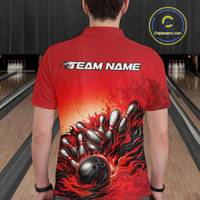 Load image into Gallery viewer, Male model in a bowling lane wearing a red polo shirt, back view featuring flame bowling ball striking pins dynamic artwork