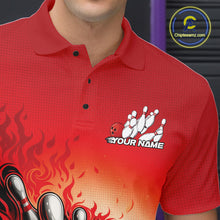 Load image into Gallery viewer, Close-up left chest detail of red bowling polo shirt showcasing flame bowling ball and pins emblem design