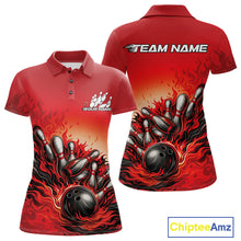 Load image into Gallery viewer, Women’s polo shirt mockup front and back views showcasing a red flame bowling ball striking pins graphic in a clean studio layout