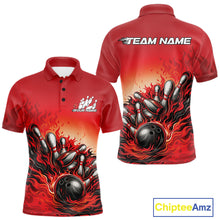 Load image into Gallery viewer, Men’s bowling polo shirt mockup front and back featuring flame bowling ball striking pins design on a red shirt